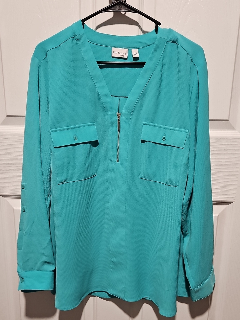 Kim Rogers Teal Zip-Front Blouse